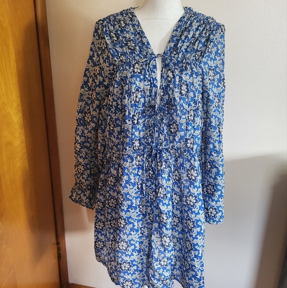 J. Crew Tiered Tie-front Beach Dress Cobalt Blue Floral Cotton Voile Size XXL - Picture 2 of 7